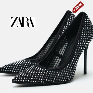 Zara black rhinestone jewelled embellished hotfix pointed toe mesh stiletto heel